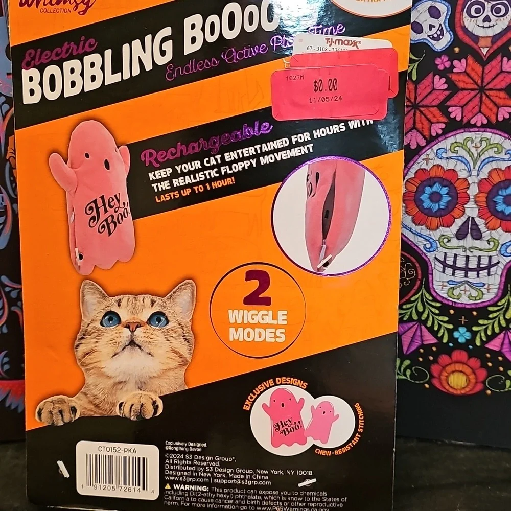Pink Hey Boo Plush Powered Cat Toy Two Wiggle Modes Flops Around Rechargeable